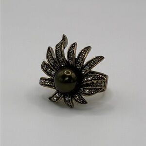 Heidi Daus Gold-Tone Crystal Faux Pearl Flower Statement Ring Size 6